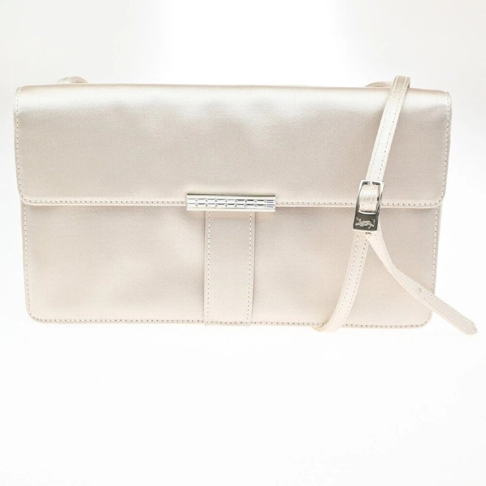 YVES SAINT LAURENT YSL Logo Shoulder Bag Satin Light Beige Italy SHW 82RL766